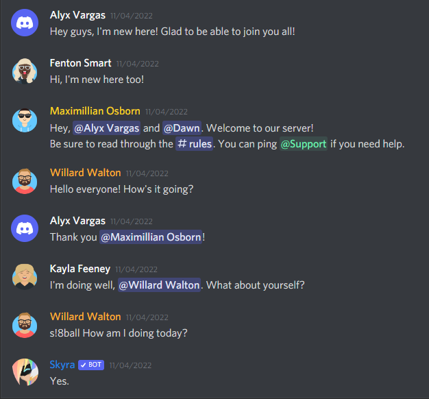 Simple discussion featuring mentions, role colors, and a bot
